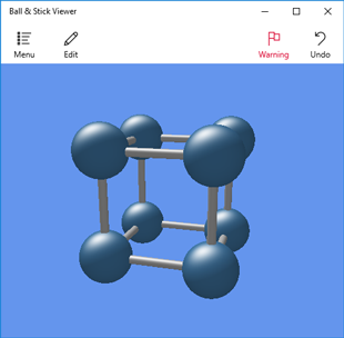 Ball & Stick viewer application user interface displaying a simple cubic structure model in 3D view