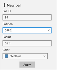 Popup window to append a new ball item to the model.